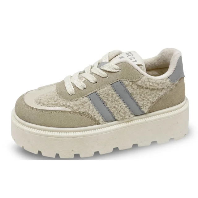 Wholesales New Products Thick Sole Sneakers Fur PU Warm Lining Flat Casual Walking Shoes