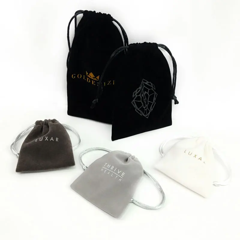 customized logo gold stamping hot foil drawstring bags velvet jewelry pouch