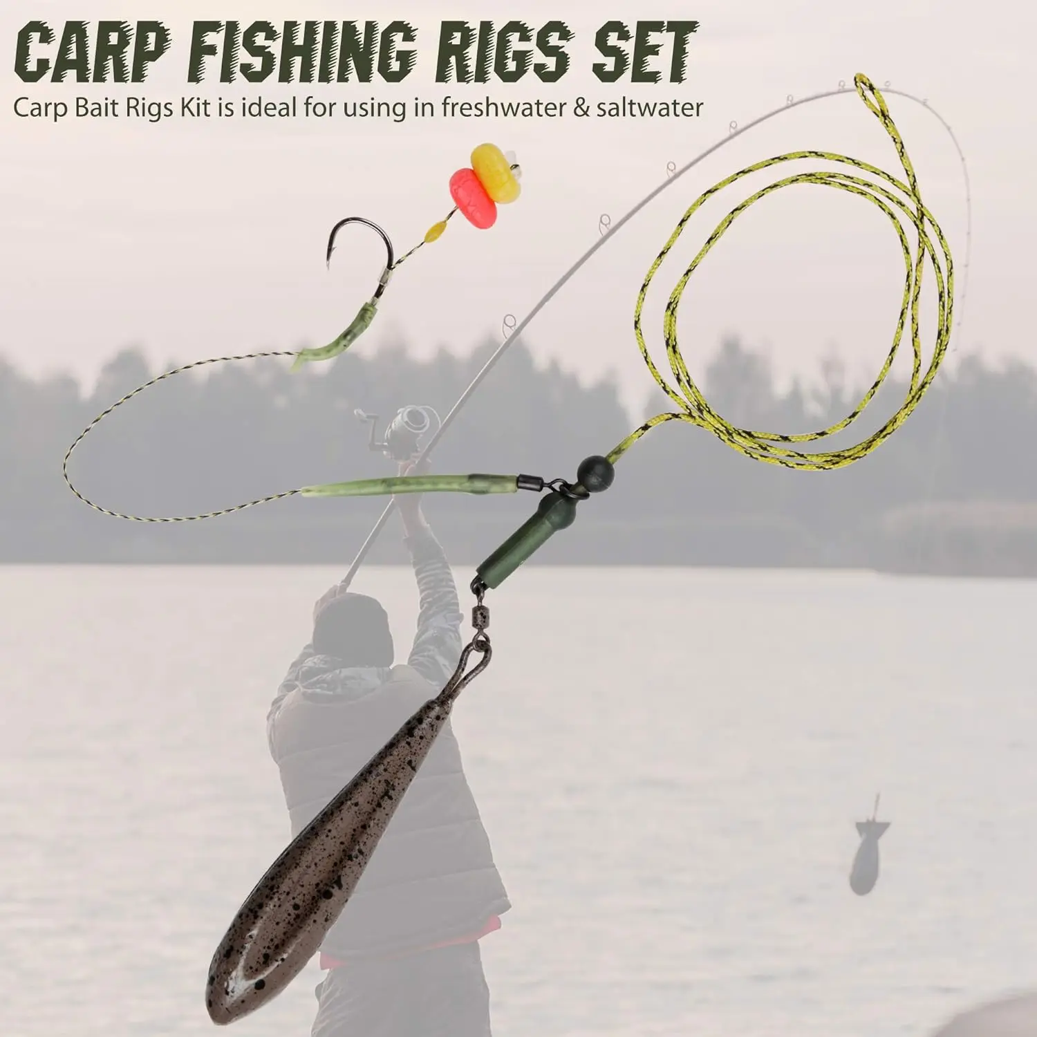 Carp Hair Rig Kit with Corn Bait Carp Sinker Curved Carp Hooks Rolling Swivels Sleeves