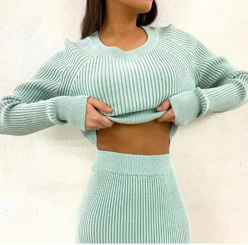 Soiling High quality women o-neck slim fit long sleeve Solid Color Knitted tops Pencil Skirt 2 piece set