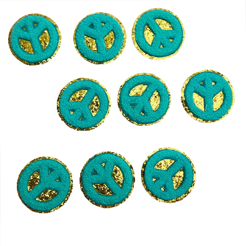 Handmade Peace Symbol Chenille Iron-on Patches Glitter Sequins Decoration With Gold Fabric Cotton PVC Custom Embroidery 10 Pcs