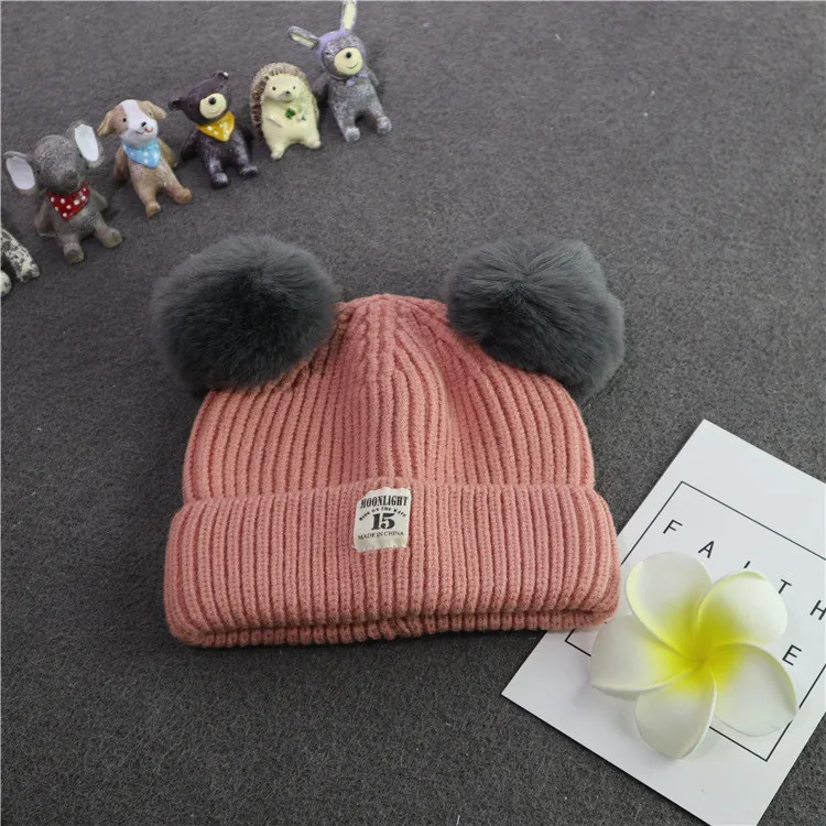 autumn winter kids pompom beanie hat baby winter cap with double ball marks 15 warm knit hat