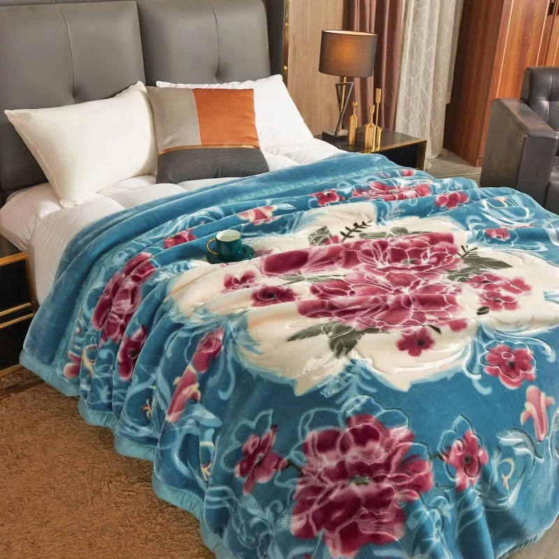 Super Soft Cloud Plush Embossed Raschel Blanket Double Layer Thick Winter Printed Bed Blanket