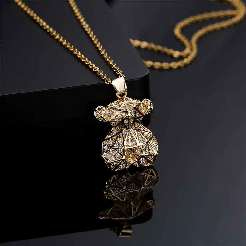 Custom 18K Gold Plated Teddy Bear Pendant Cubic Zircon 45+5cm O-shape Chain Pendant Necklace