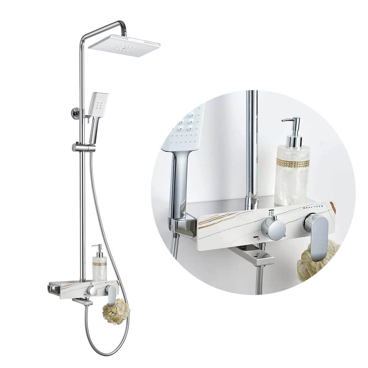 2021 Unique Brass hot and cold Rain Shower Set Polished Chrome With White rock plate Bathroom Shower Mixer set