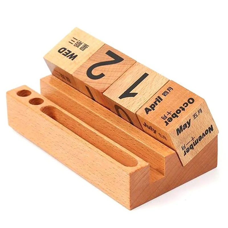Hot Sale Exquisite Popular Wooden Desktop Calendar with Pen Holder Wooden Calendar