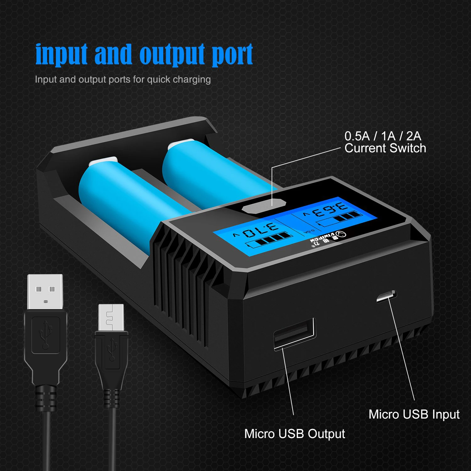 Portable Fast Cell Charger 2 Slots 3.6V 3.7V Battery Charger With LCD Screen charger for 18650 lithium NiMH Batteries