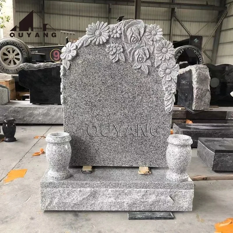 QUYANG Outdoor Commemorative Hand Carved Monument Natural Grey Granite Carving Flowers Tombstone Withe Vases