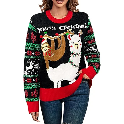 2024 Custom Hot Sales Christmas Sweater Alpaca Jacquard Knit Ugly Christmas Sweater for Women
