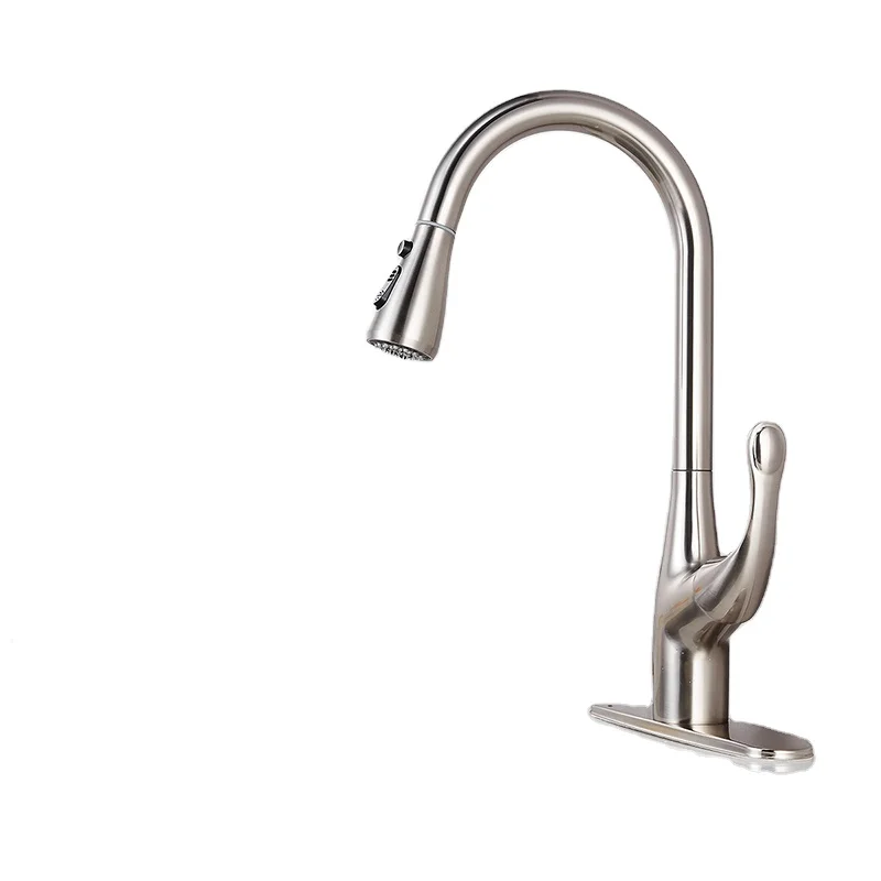 Wuhuang  modern Style Pull Out kitchen taps High Arc Spout Deck Mount Stainless Steel Kitchen Faucets with Sprayer