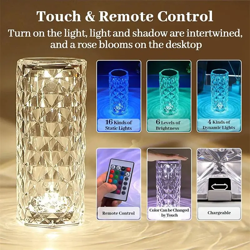 LED Crystal Table Lamp Rose Light Projector 16 Colors Touch Night Light Romantic Atmosphere Light USB Home Bar Decor
