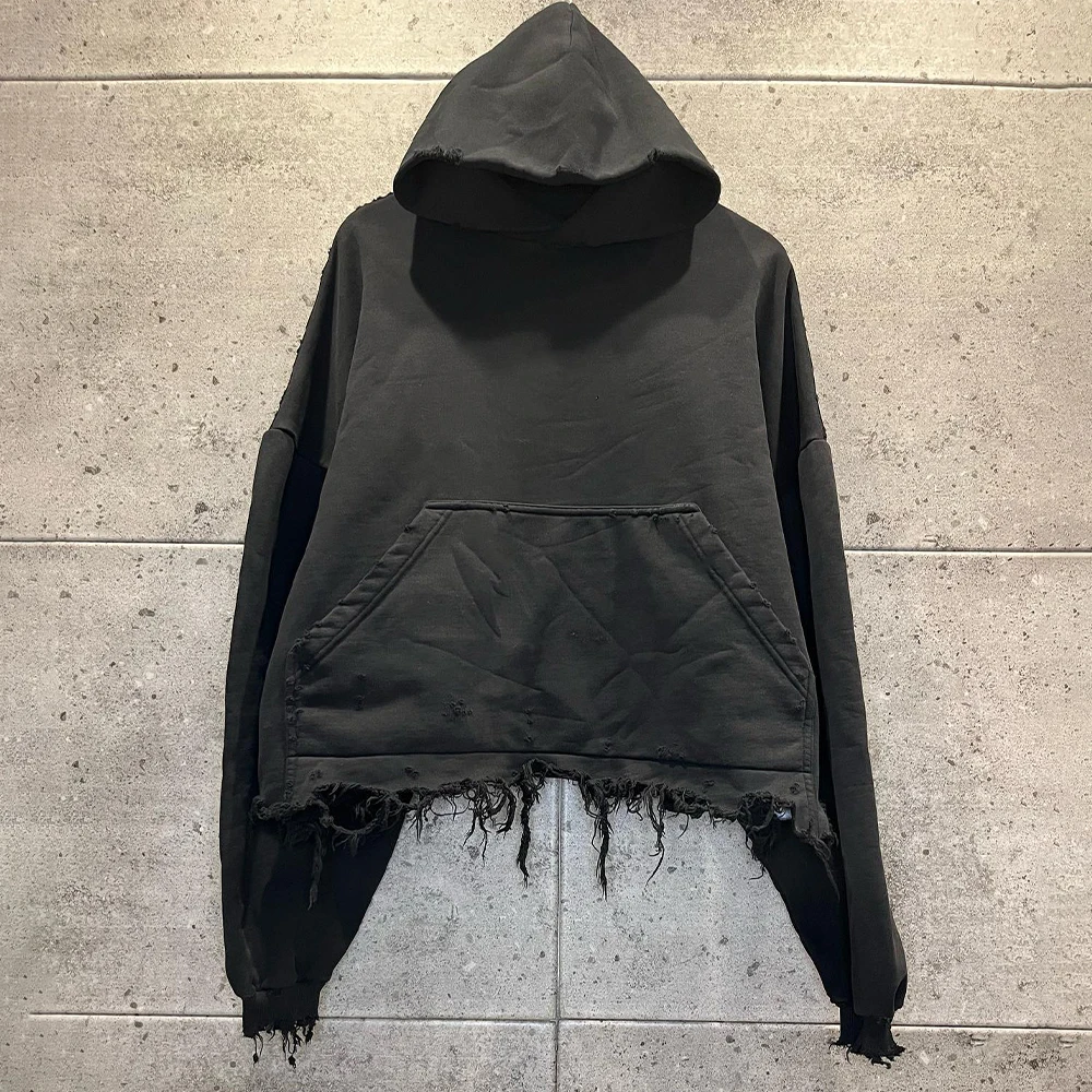 Customized heavy weigh 100% cotton men hoodie row hem acid washed pullover hoodies cropped distressed boxy hoodie for men