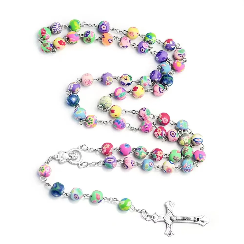 Catholic Jesus Rosary Cross Necklace 6mm 8mm Multiple Colors Clay Beads Rosaries for Prayer
