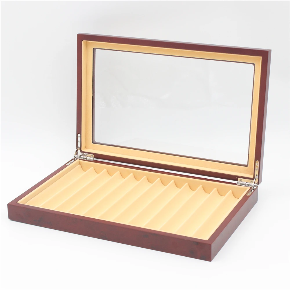 Hot popular fancy wooden pen case with 12 slots matte black wooden mens fountain pen packaging storage display china factory