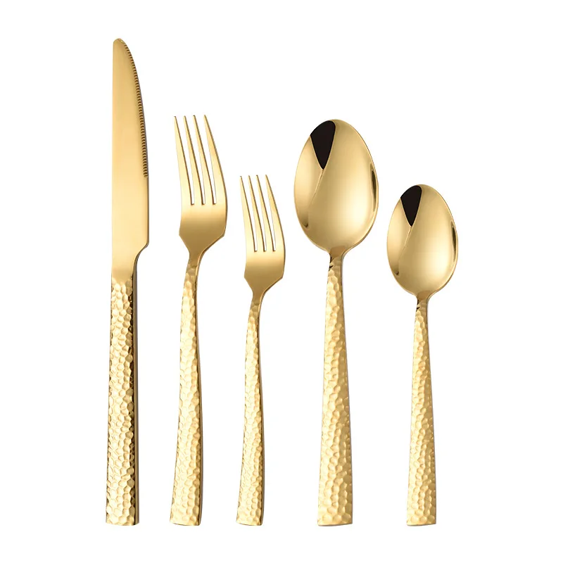 18/0 Thick Hammered Handle Stainless Steel Flatware Set Knife Fork Dessert Fork Spoon Silverware Wedding Gold Cutlery Set
