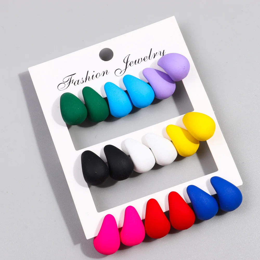 Korean Popular Fashion Jewelry Multicolor 9 pairs/sets  Water Drop Twist Geometric Personality Acrylic Hoop Earrings for Women