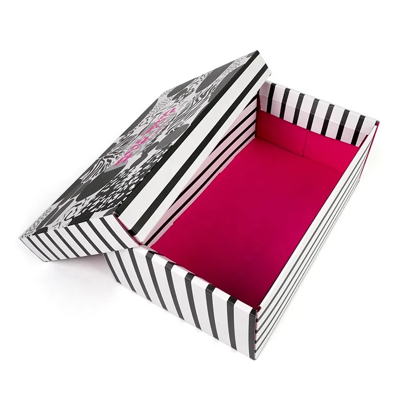 Customized Box with Lid Design Black White Striped Pattern with Vibrant Pink Interior High Quality Packaging for Shoe Storage