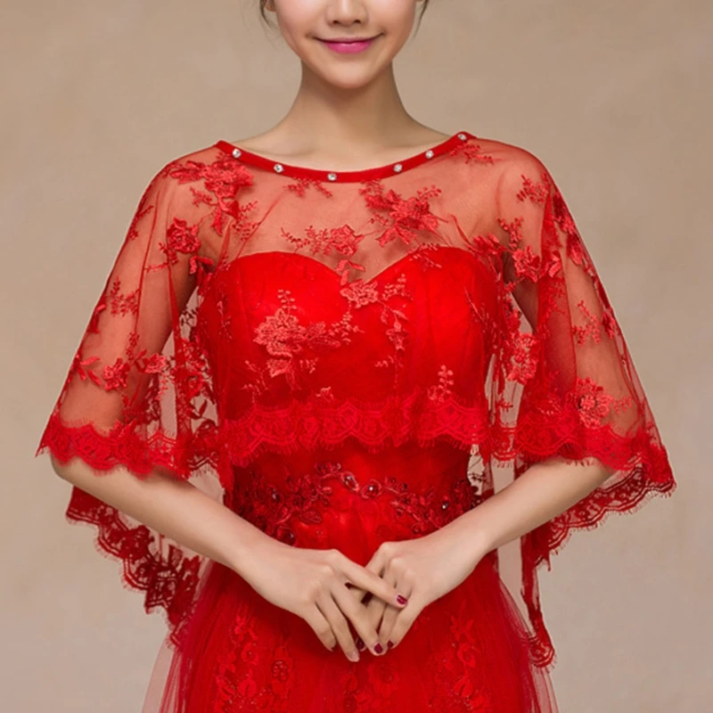 2022 New Womens Embroidery Floral Lace Wedding Shawl Cape Trim Bridal Capelet Rhinestone Shrug Wrap