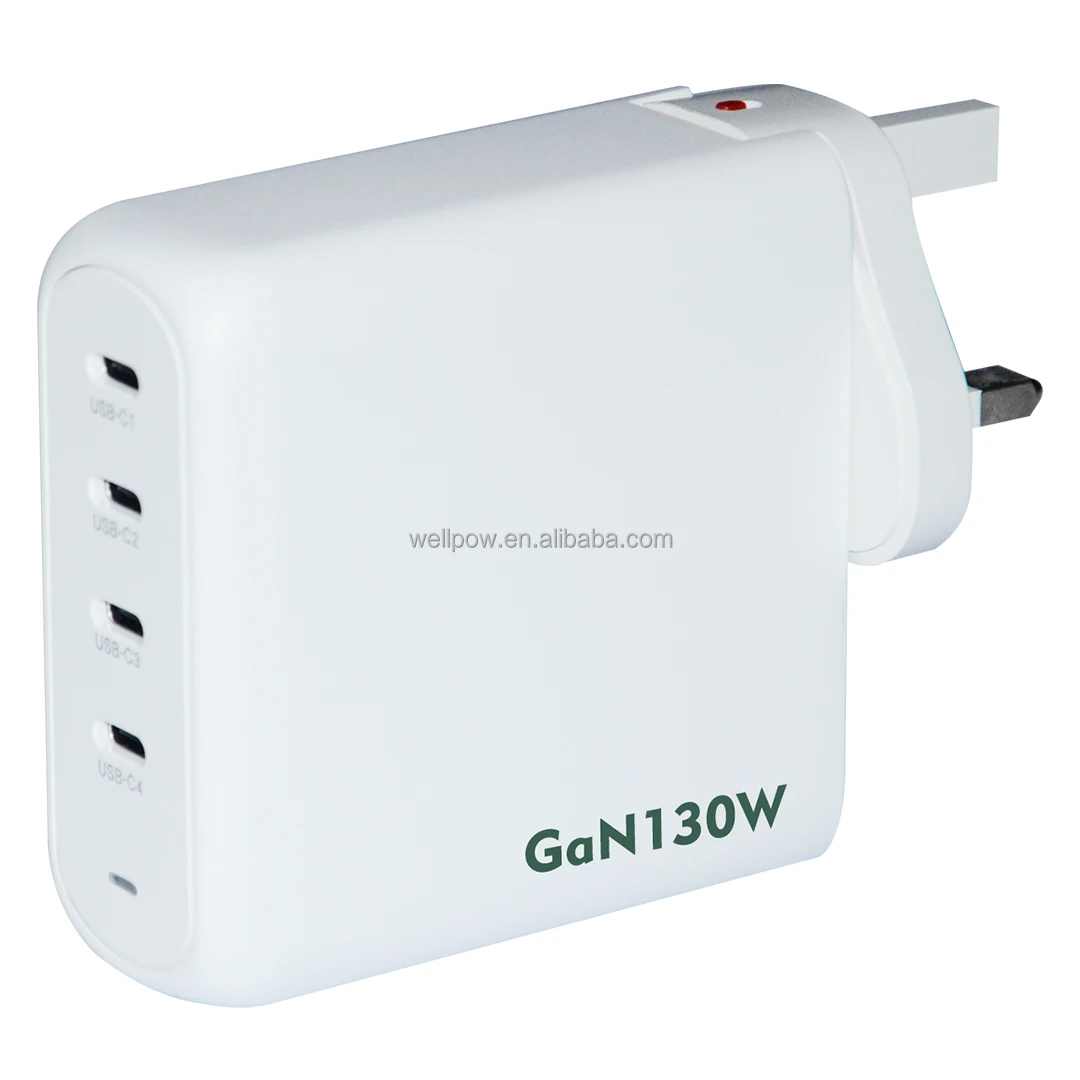Fast Wall charger  4 USB-C port  130W GaN power adapter with US UK EU Au plugs Certificate approval
