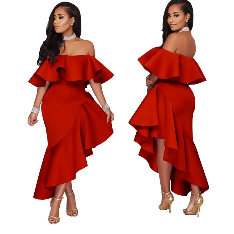 Satin Prom Dresses Women Night Out Party Dress Women Clothes Asymmetrical Ruffled Off Shoulder Sexy Woman Elegant Evening Dress
