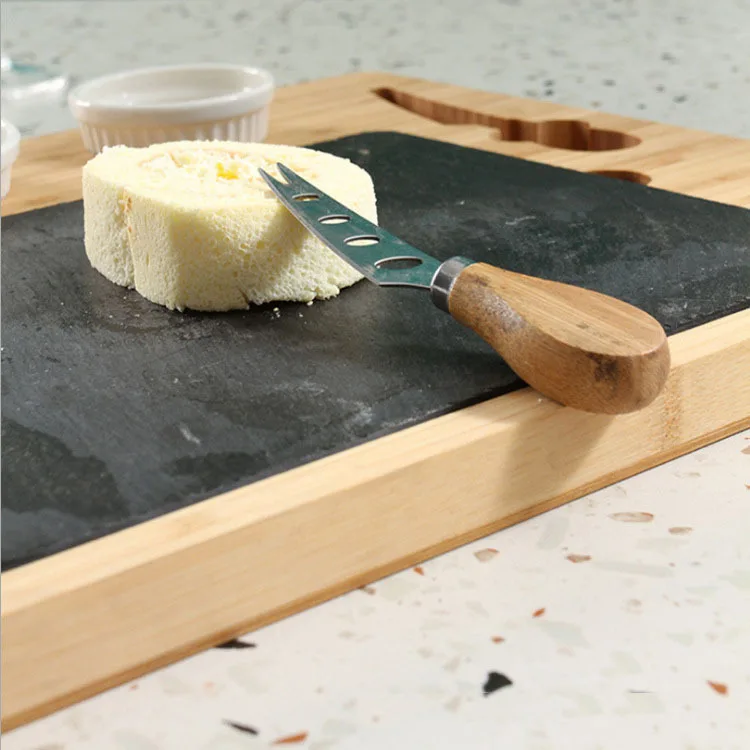 3 Ceramic Sauce Dishes Black Slate Stone Barbecue Dessert Cheese Western Steak Plate Serving Board with Bamboo Tray