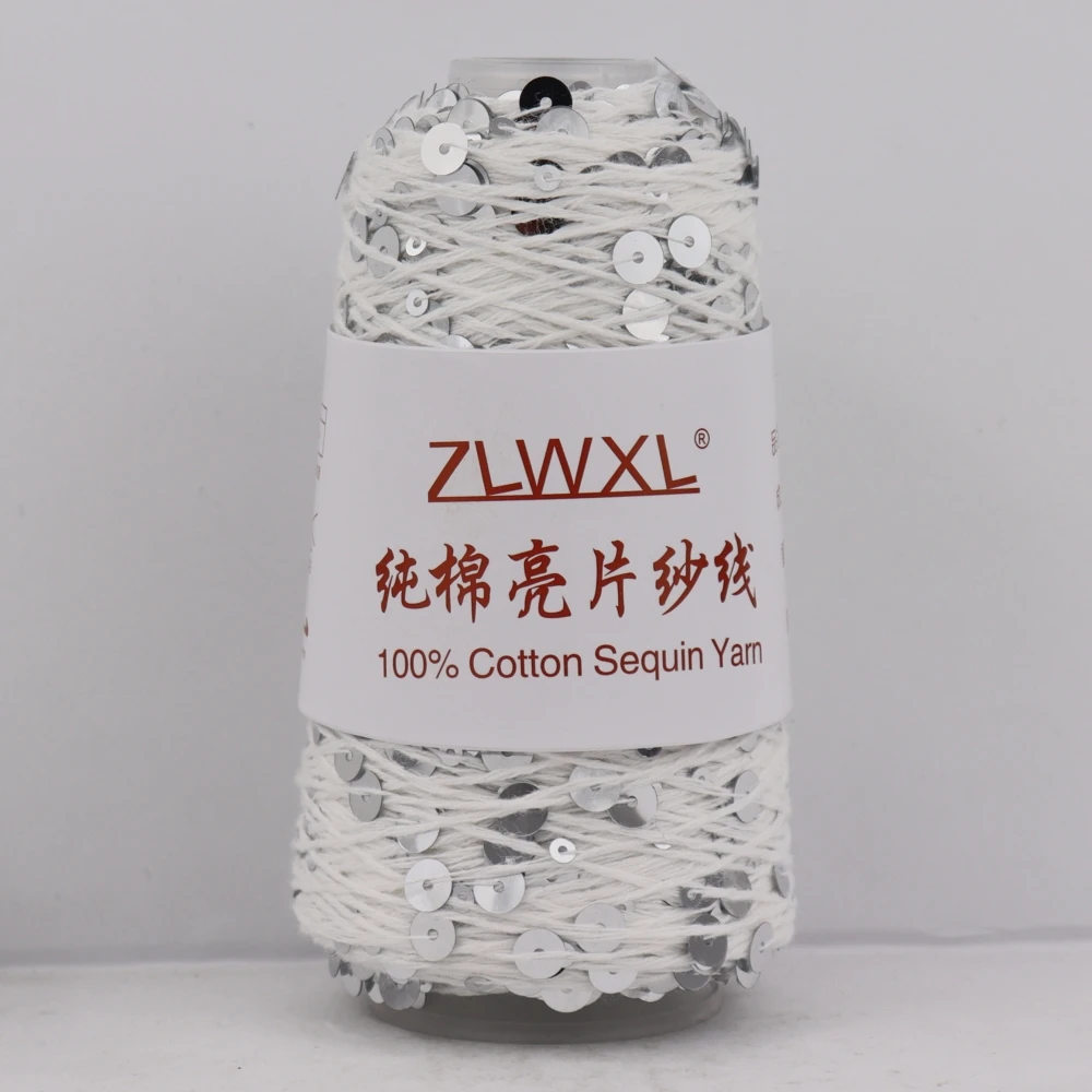 50g 150m Wholesale fancy 5ply 100% cotton yarn with 3mm+6mm transparent sequins for hand knitting