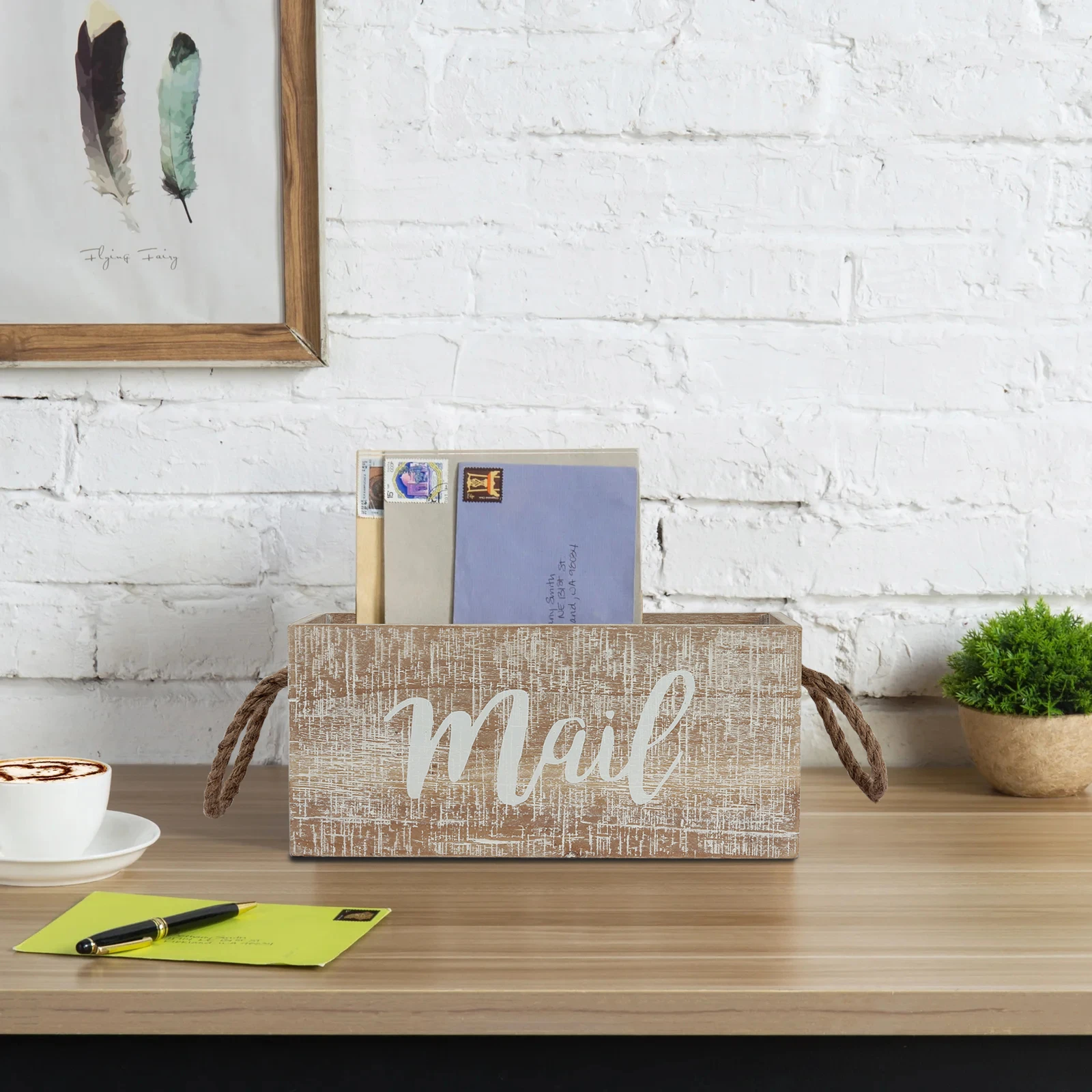 Wood Mail Organizer Box Countertop Mail Holder Box With Rope Handle Desk Mail Sorter For Office Home Wooden Desktop Organizer