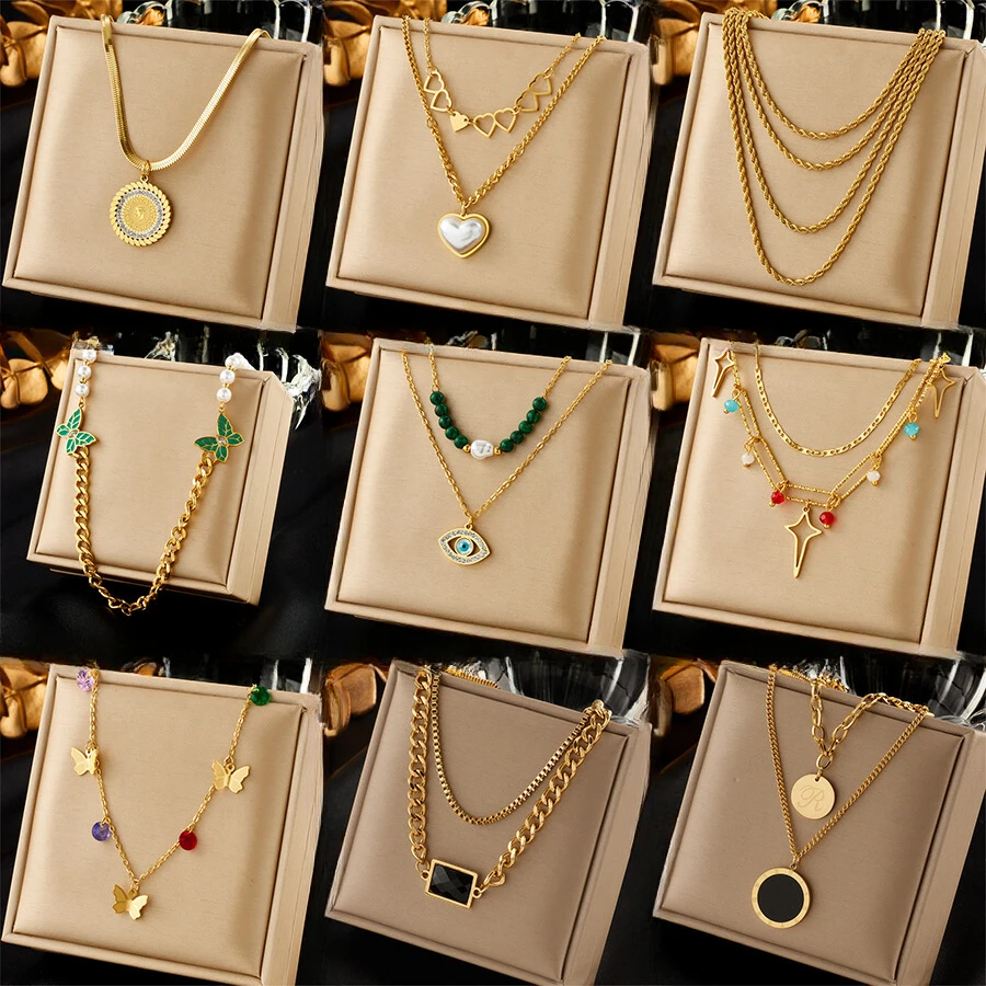 Stainless Steel Necklace Heart Butterfly Cross Eye Choker with Pearl CZ 18k Gold Plated Necklace