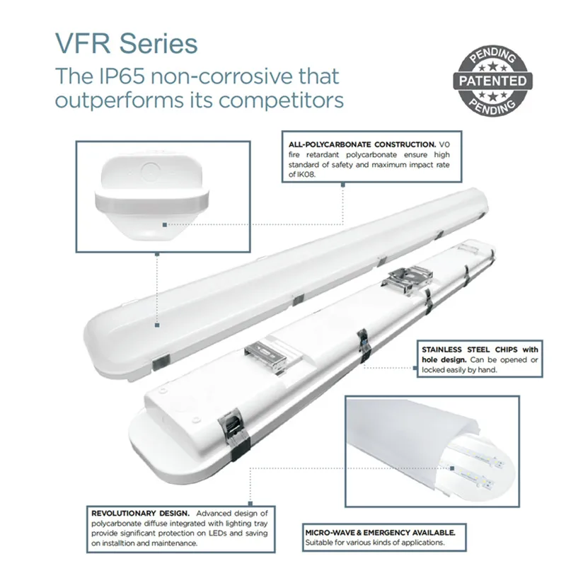 
Sensor & Emergency 165 degree beam angle IP65 LED Waterproof Light Fixture 