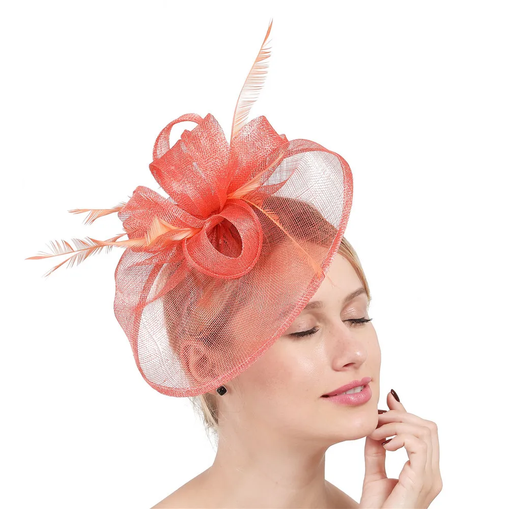 Wholesale European and American style dual-purpose feather flower headdress retro coral red small hat hemp yarn headband