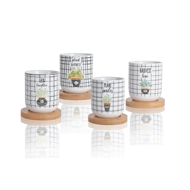 Wholesale Ceramic Tea Cup With Wooden Saucer Set Stoneware Coffee Mug Without Handle