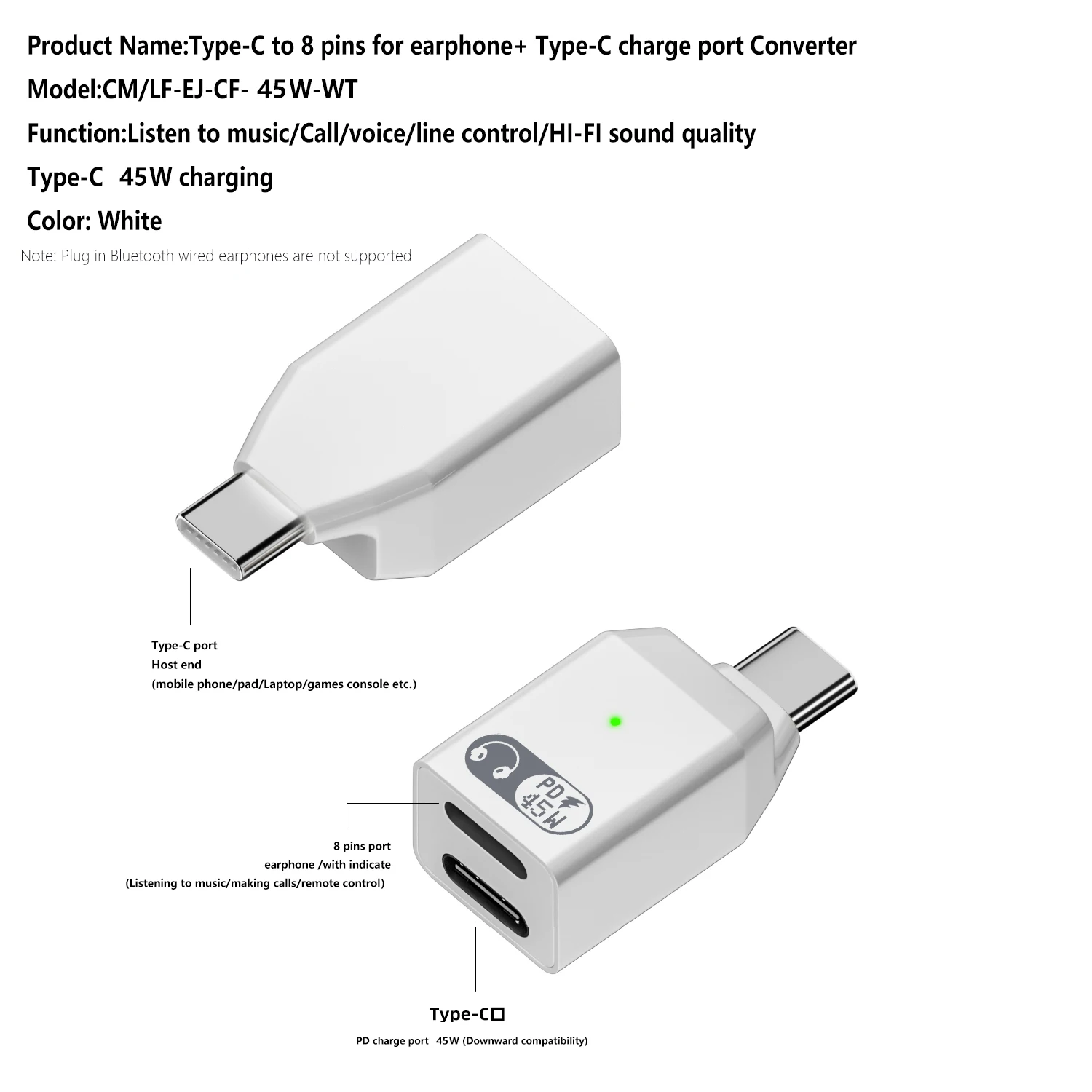 Quickly PD 2 in 1 converter 45W type c male to earphone HI-FI type c female fast charging port adapter for laptop macbook