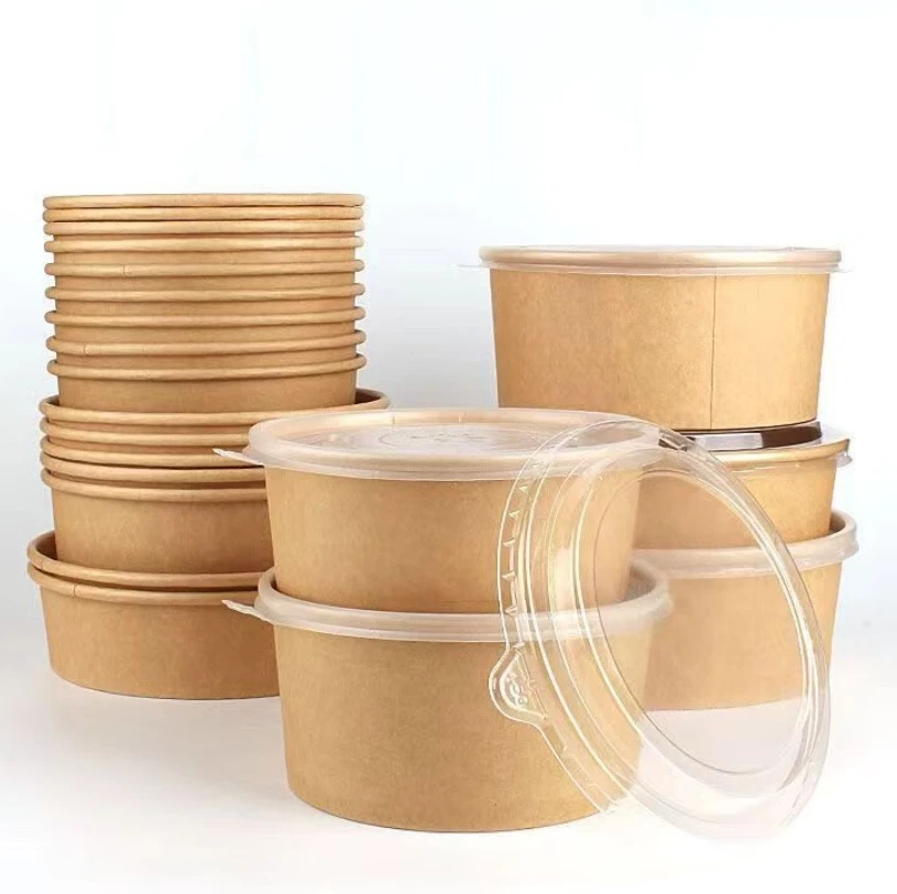 ebelee Food Packaging Cup Custom logo disposable paper salad soup bowls kraft paper container White takeaway Bowl with lids