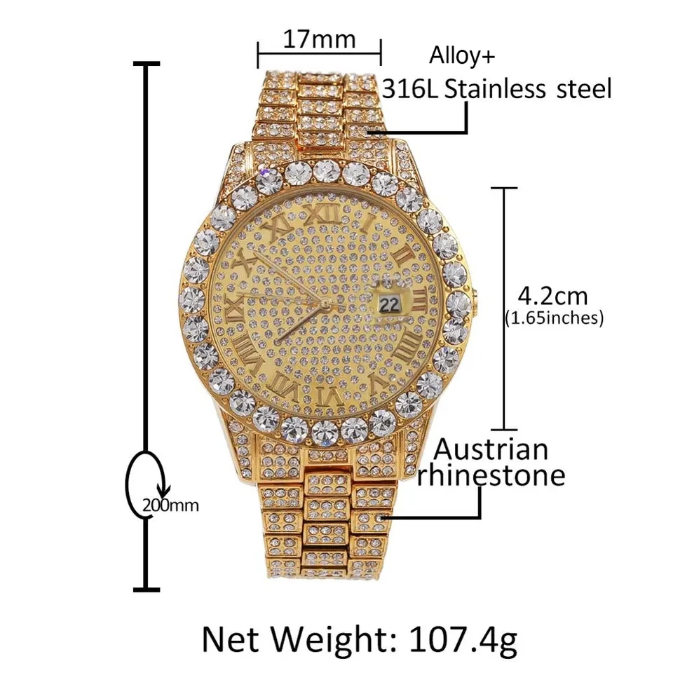 High Quality Western Style Iced Out Waterproof Watch Paved Zirconia Stones Trendy Hiphop Punk Large Dial Watch Gold Unisex