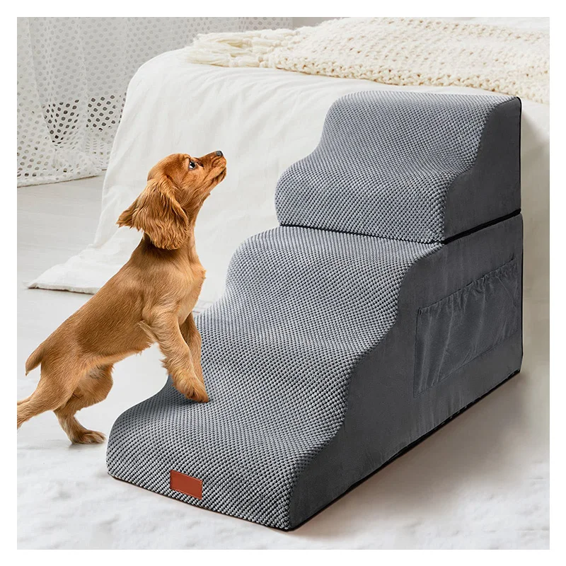 3 яруса нескользящая Нижняя Съемная Экологичная собачья пандус для кровати для домашних животных лестница ортопедическая Роскошная трехступенчатая собачья лестница с эффектом памяти