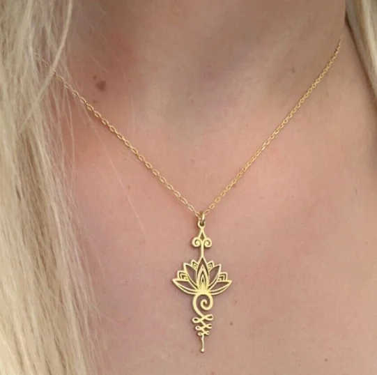 Lotus Flower Unalome Yoga Sanskrit Buddhist Necklace Meditation Necklace Yoga Chakra Jewelry Spiritual Symbol Charm
