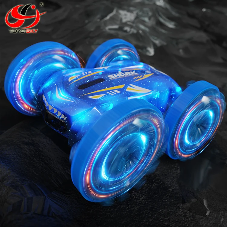 Outdoor Amphibious RC Stunt Car Led Light Multifunctional Shark Remote Control Car Waterproof Double-sided 360 Rolling Car Toy