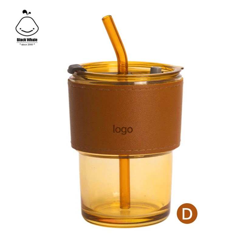 15oz glass coffee mugs travel tumbler with lid straw and Thermal insulation leather cover juice milk Water Drinking cup