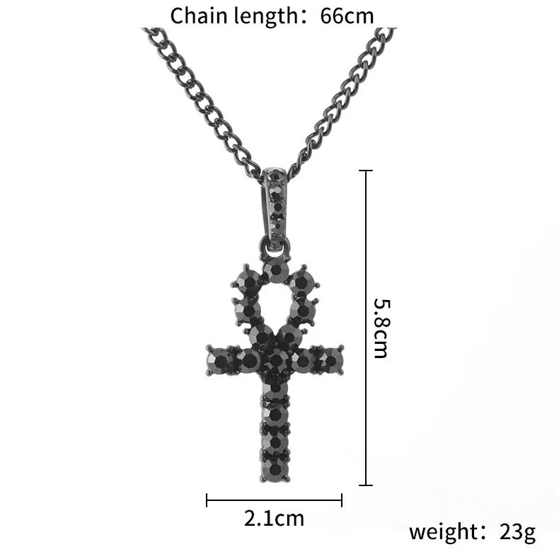 Silver Color Mens Hop Iced Out Gold Rhinestone Key of Life Egypt Cross Pendant Tennis Chain Crystal Necklace for Men