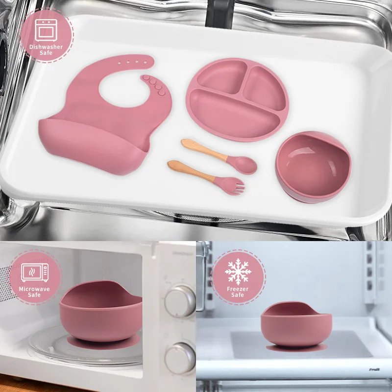 Wholesale Five-piece Free Baby Silicone Feeding Set Fork Spoon And Bibs Usse Suction Silicone Baby Feeding Set