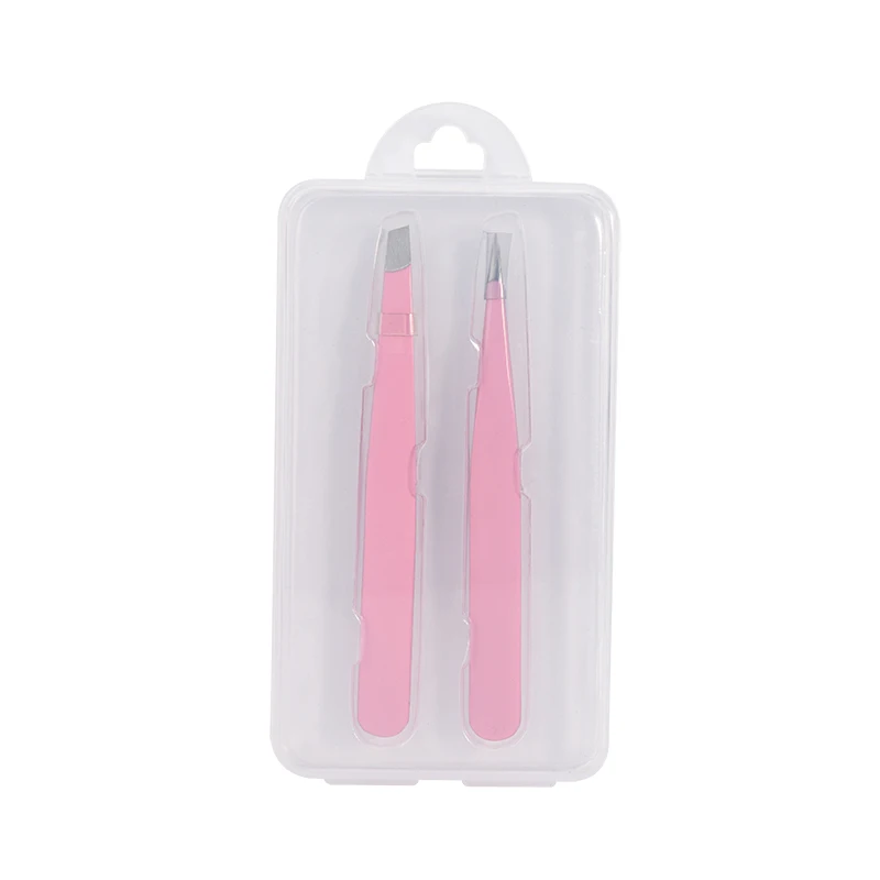 Factory price stainless steel eyebrow trimmer 2pcs eyelash extension tweezers set with plastic box packaging