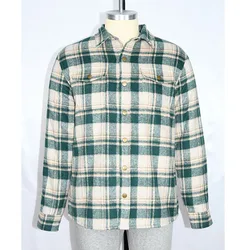 MENS HEAVY WINTER SHIRT IN HEAVY WOVEN POLY WOOL FLANNEL AND LINED UP WITH SOFT SHERPA  GREEN GEIGE PLAID