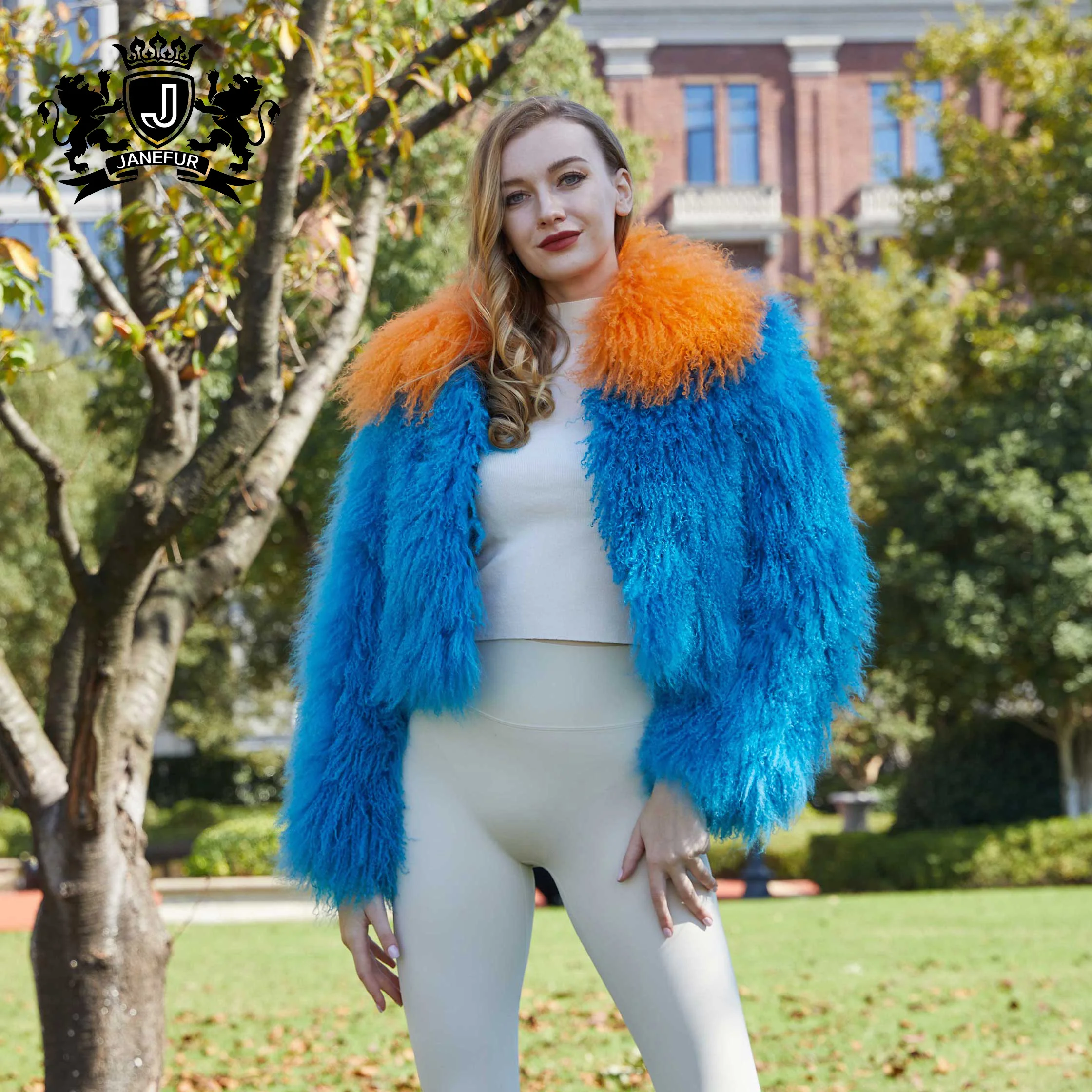 Janefur Mongolian Lamb Fur Womens Short Lapel Coat Mixed Color Fashion Real Fur Top for Women