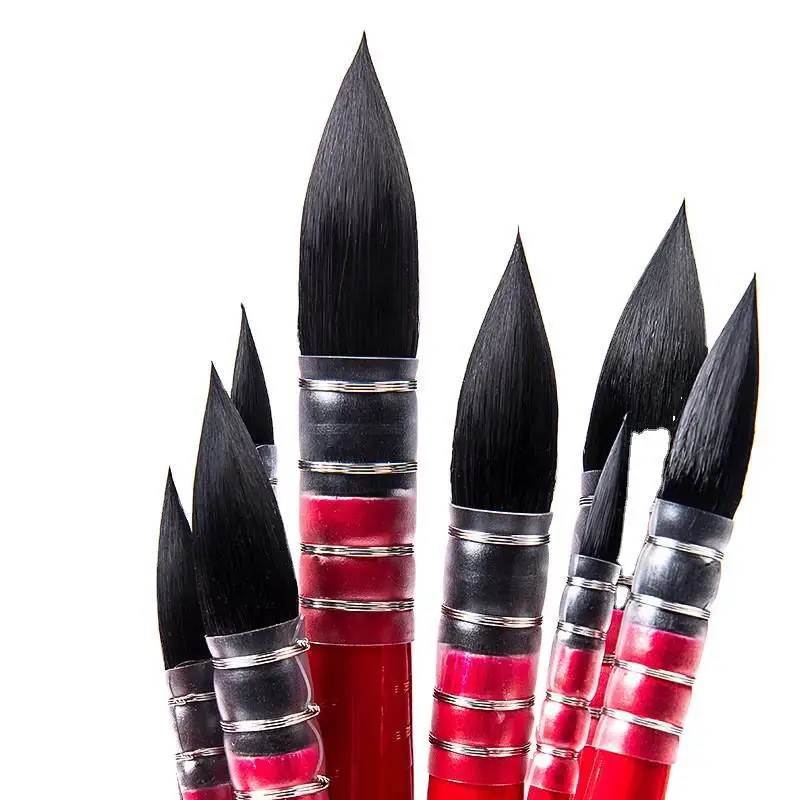 paint brush set 9 pcs red wooden handle Mop Round Squirrel Hair watercolor Paint Brush Set for Art Painting,