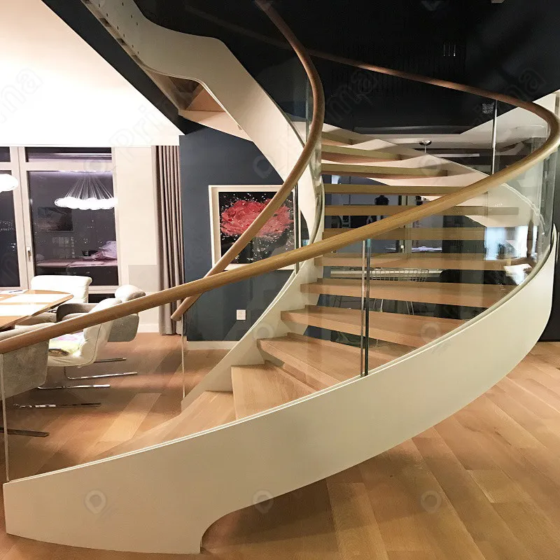 Prima New Curved/arc Spiral Staircase Indoor Luxury Modern Home Decoration Glass Stairs Wooden Stairs