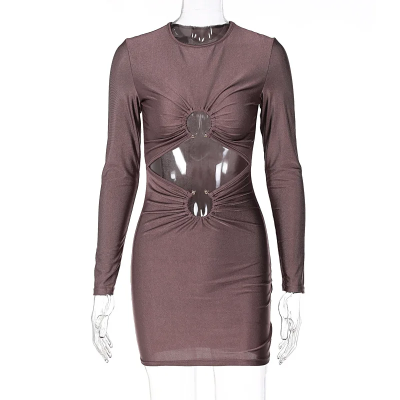Wholesale Online Shopping Dress Ladies Fall Long Sleeve Mini Dress Waist Cut Out Stretchy Dress