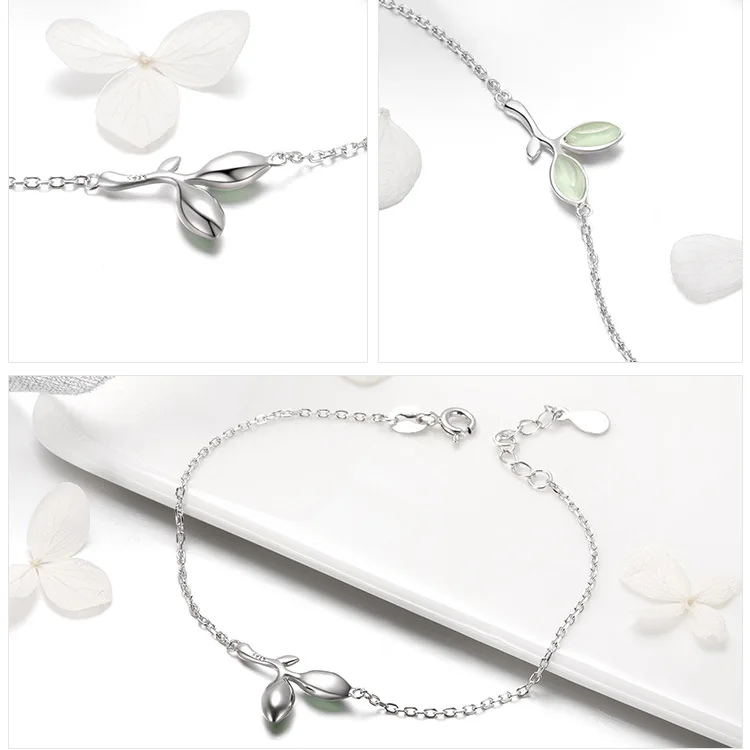 High Quality Fine Jewelry 925 Sterling Silver S925 Enamel Hope Green Grass Bracelet For Women Wholesale