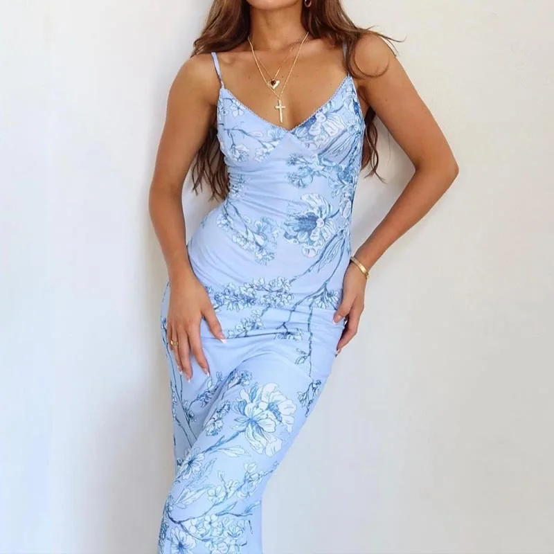 Women Summer Clothing Sexy V Neck Halter Dress Long Digital Print Pencil Dresses