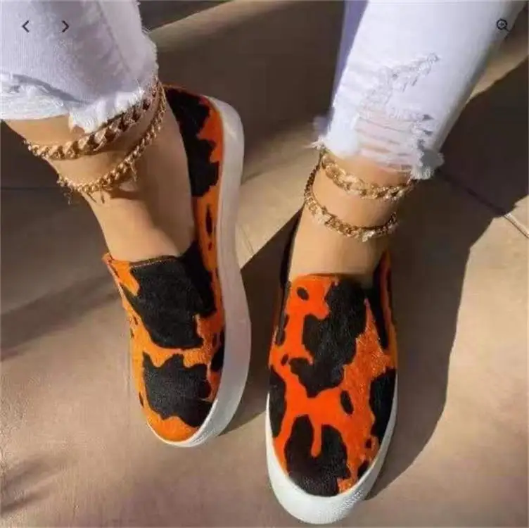 Cow print faux suede autumn new fashion slip on women flats shoes round toe lady casual loafers plus size penny