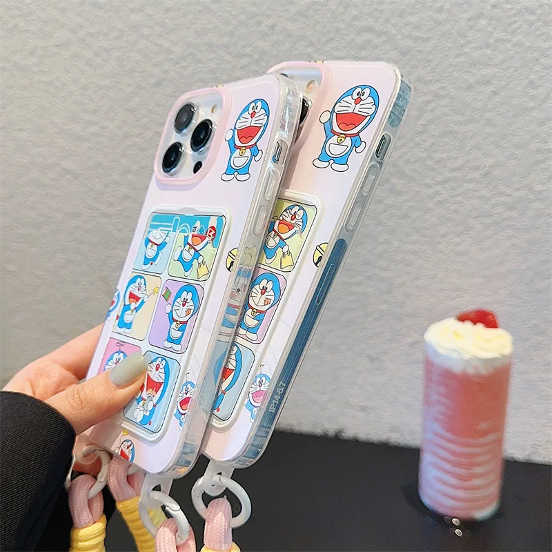 UV Printing Cartoon Cute Doraemon Phone Cases For iPhone 11 12 13 14 15 16 Pro Max Phone Covers With Card Holder Lanyard Custom